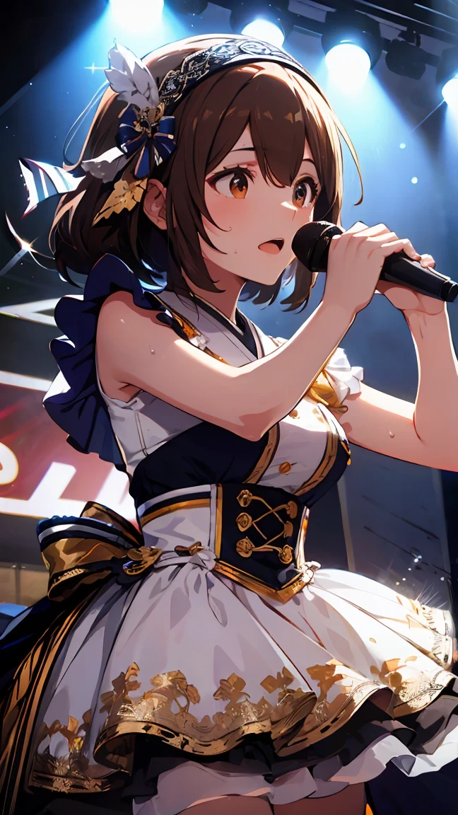 ((best quality)), ((masterpiece)), (detailed), perfect face, (best quality), (detailed skin:1.3), (intricate details), brown hair, long hair, shiny hair, hairband, sparkle, cinematic lighting, backlighting, Japanese idol girl, glittery outfit, mini skirt, hand microphone, Dancing, shining sweat, live music venues