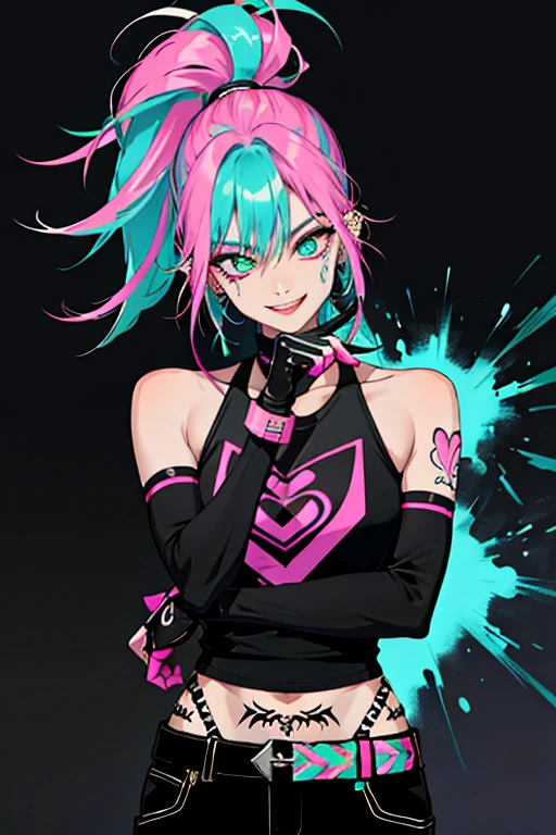 Full-length hooligan villainess, concept art, daring suit, Unusual clothes, black patterns, unusual hat, smiling, stylish makeup, eyelashes, grin, adult woman, domineering, big breasts, Ragged, style v5lcn, (Best quality,table:1.2), (anime style, gloomy black style:1.1),1 girl, dangerous style, amazing, extremely detailed eye, very detailed face, very detailed hair, 8K, permission, youth outfit, Готический Punk, like the goddess of death, dark fantasy искусств, dark fantasy art ужасов, dark fantasy art, dark illustration, dark fantasy, digital art, beautiful artwork illustration, A picture of a person, Punk, goth girl, difficult , piercing, tattoo, Brunette Tall, pale skin, rainbow hair, ((holographic clothing)), gloves, a lot of decorations, visual background, minimalism background, black-green, ((Acid colors, acid, Neon)), very world