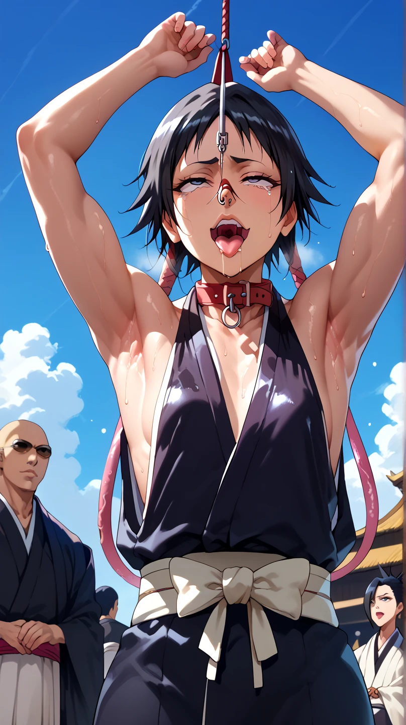 a picture, inspired by Kentaro Miura, trending on pixiv, soifon from bleach, black uniform, favorite scene, fine details, skins, sweating, small breasts, both hands raised, armpits, (small head),armpits visible, dripping with sweat, more more sweat, ((Japanese clothes)),open mouth,rolling eyes,muscle,kneel down,open legs,For the audience, (muscle:1.2),Looking at the audience, tired, (small breasts),sexy body,perfect body,(drooling), tears, head wet, runny nose, black hair, dog collar,transparent nose hook, tentacle in mouth. 