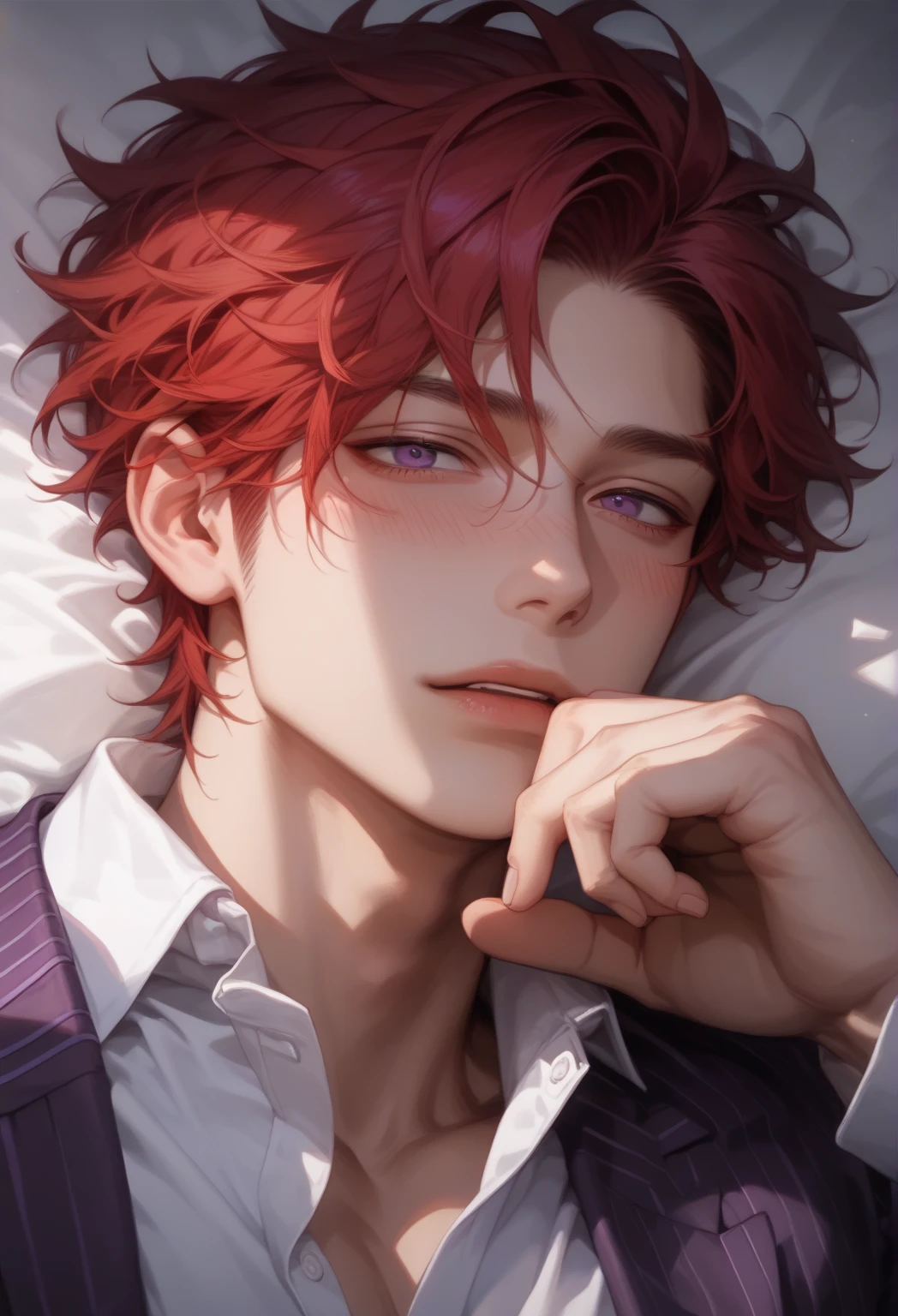 score_9, score_8_up), score_7_up, adult male, short red hair, solo, 1boy, dark purple eyes, male focus, chest, out of frame, reality, (purple striped suit, white shirt, shirt is gaping), (sensual, lustful, blush), sensual pose, sexy, lying down, korean male