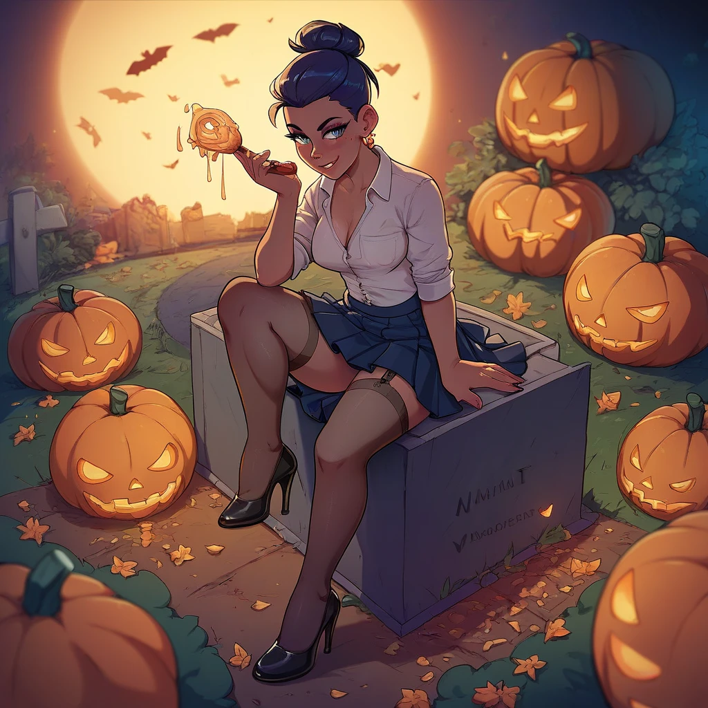 girl in short school skirts , neckline,  stockings,  high heels, Sitting on a pumpkin in the cemetery at midnight 