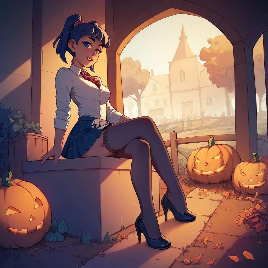 girl in short school skirts , neckline,  stockings,  high heels, Sitting on a pumpkin in the cemetery at midnight 