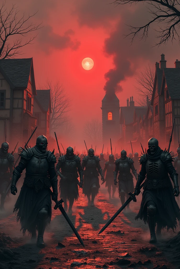 A cinematic, epic scene of a dark army led by a Dark Lord invading a village at dusk. The sky is filled with dark clouds and smoke from burning buildings, casting an eerie and apocalyptic glow. The Dark Lord, towering and menacing with glowing red eyes and dark armor, wields a staff emitting dark, crackling energy. The army consists of shadowy figures in dark armor, wielding sinister weapons, marching forward with discipline and menace. Evil magic swirls in the air, casting ominous shadows and eerie green and purple glows. Various monstrous creatures, including massive beasts, wreak havoc, smashing buildings and roaring. Villagers are seen fleeing in terror, some carrying children or belongings, while others are being killed by the dark forces. Fires blaze throughout the village, adding to the chaos and destruction. The scene is highly detailed and realistic, capturing the intensity and terror of the invasion with a high level of cinematic quality. The overall style should evoke an apocalyptic and dramatic mood, focusing on the dynamic motion of villagers running, buildings being destroyed, and creatures attacking.