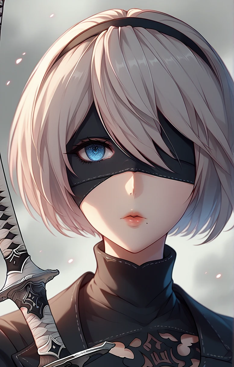 1girl, solo, mole_under_mouth, yorha_no._2_type_b, mole, weapon, sword, blue_eyes, parted_lips, short_hair, gloves, white_hair, holding_weapon, holding, holding_sword, pink_lips, portrait, no_blindfold, looking_at_viewer, black_gloves, lips, katana, bangs, turtleneck The image shows an anime-style art character. The character has short blond hair with shades of blue and pink. The eyes are large, expressive, with a purple tint. The character is dressed in a black suit, holding a sword or katana in his hands. The background is light, with blurred elements. The overall image style is bright and detailed.