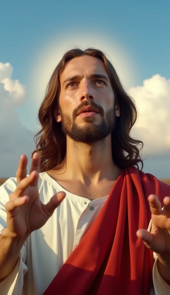 photo-realistic face image of Jesus Christ from the front looking at the camera with a serene expression and with his arms half open towards the camera, wearing white and red clothes. Blue sky background with clouds lit by the sun.