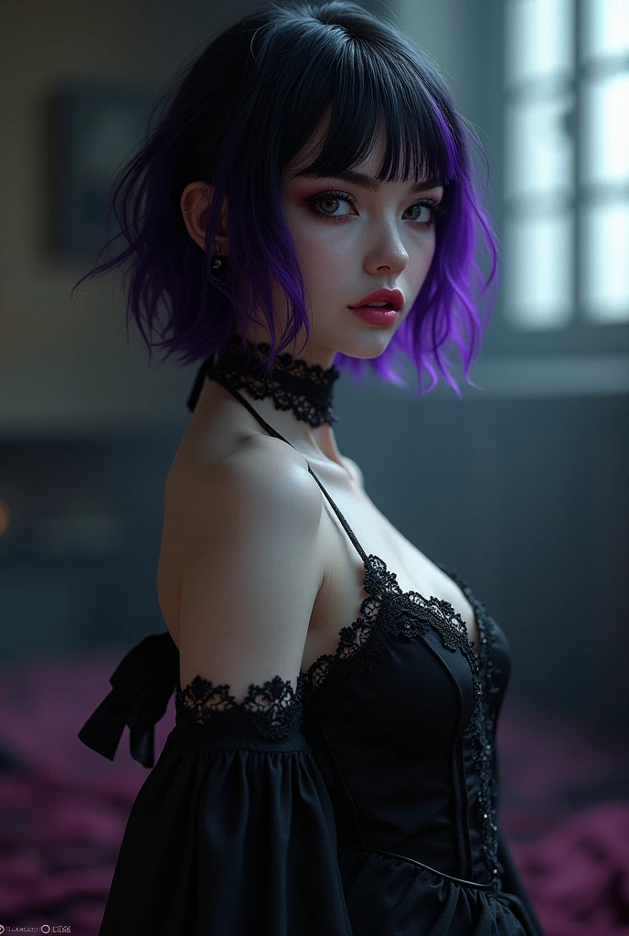 ((best quality: 1.5)) ((masterpiece: 0.8)), intricate details, sharp focus, professional, real life, realistic representation of the face, dynamic pose, in the style of realistic and hyper detailed renderings BREAK ((detailed middleaged woman, (((soft loose gray sweater, [black hair:purple hair:0.1], messy frizzy hair, ((([flat chest:medium breasts:0.8])))), lounging, couch, night, dim lighting, firelight, looking away, (((black sweatpants, off shoulder, dark gothic makeup, black lipstick, frustrated)), iceblue eyes))), freckles: 0.6)), photorealistic, hyper-realistic, 8K