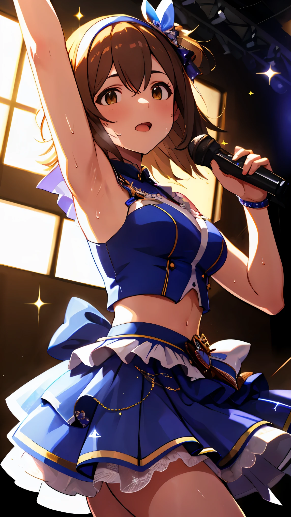 ((best quality)), ((masterpiece)), (detailed), perfect face, (best quality), (detailed skin:1.3), (intricate details), brown hair, long hair, shiny hair, hairband, sparkle, cinematic lighting, backlighting, Japanese idol girl, glittery outfit, mini skirt, Dancing, shining sweat, live music venues