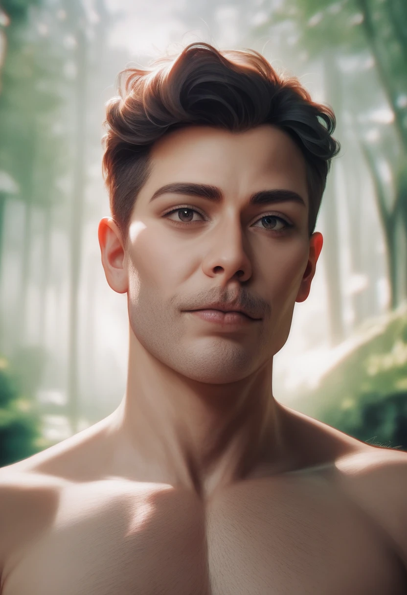 a man walking in a dense forest, close up lateral angle of face, digital fantasy art, epic RPG art, high quality dnd illustration, photorealistic, 8k, cinematic lighting, dramatic chiaroscuro, dramatic lighting, intricate details, ultra detailed, hyperrealistic, dramatic atmosphere, moody lighting, cinematic composition, dramatic textures, dramatic shadows, highly detailed environment, lush foliage, intricate foliage, beautiful detailed eyes, beautiful detailed lips, extremely detailed eyes and face, long eyelashes, vivid colors, masterpiece, best quality
