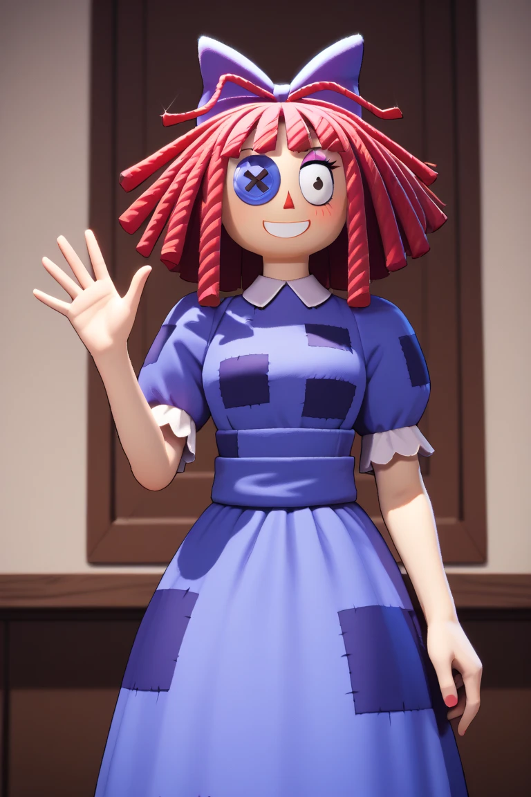 score_9, score_8_up, score_7_up, score_9,4k, HD, 8k, highres, antialiasing, detailed, texture, BREAK  ragathaSDXL, 1girl, solo, looking at viewer, black eyes,  dress, bow, short sleeves, hair bow, red hair, rag doll, puffy sleeves, signature,red noise, medium hair,  puffy short sleeves,  blue dress, eyepatch, purple dress, purple bow, cowboy shot, smile, waving