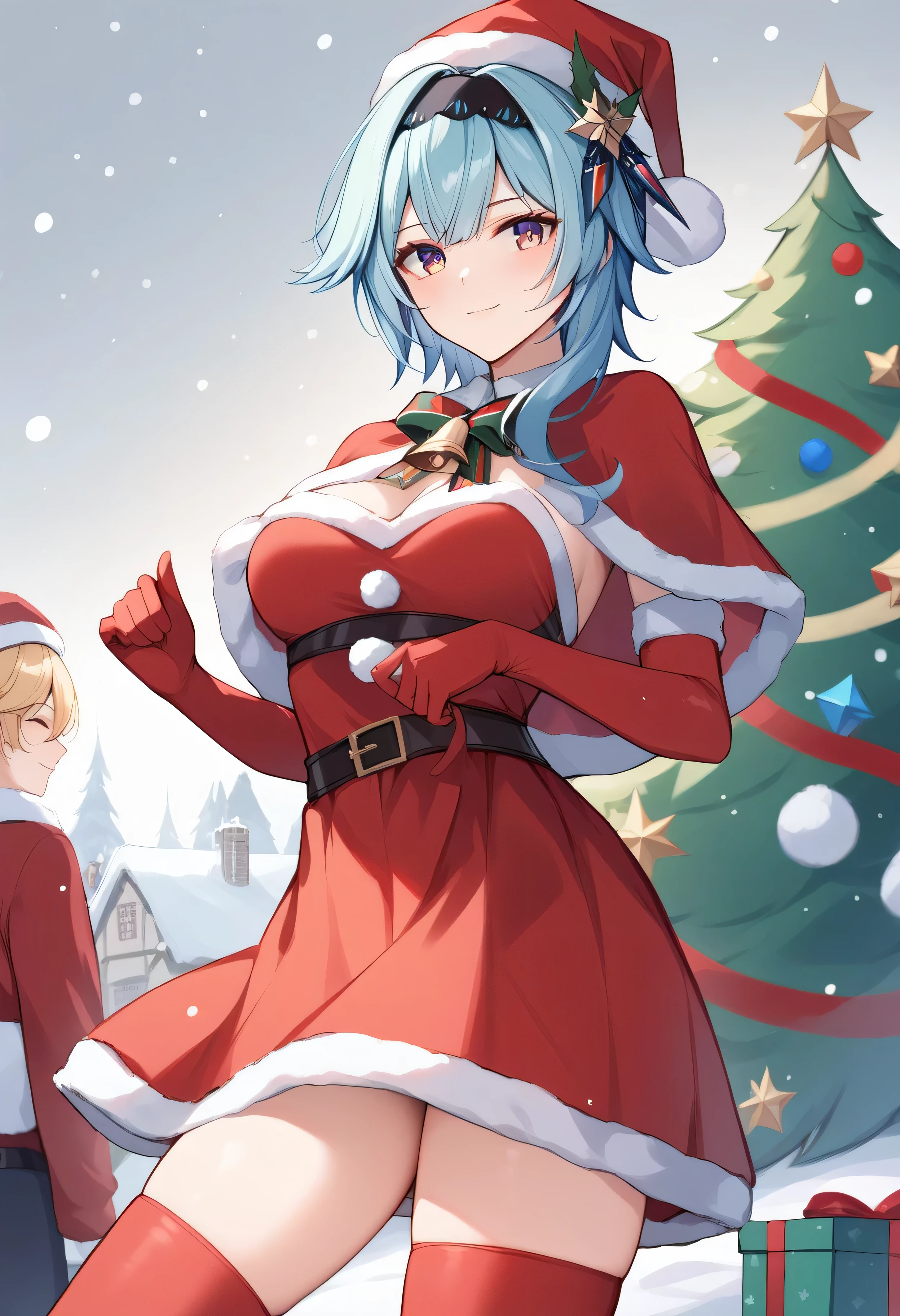 standing BREAK sgliselotte, long hair, blue hair, blue eyes, sidelocks BREAK red bow, hair bow, red fur-trimmed capelet, suspenders, christmas, red skirt, red fur-trimmed gloves, medium breasts BREAK garden field <lora:liselotte-sd15-6-000007:0.8> <lora:erosantav1:0.8>