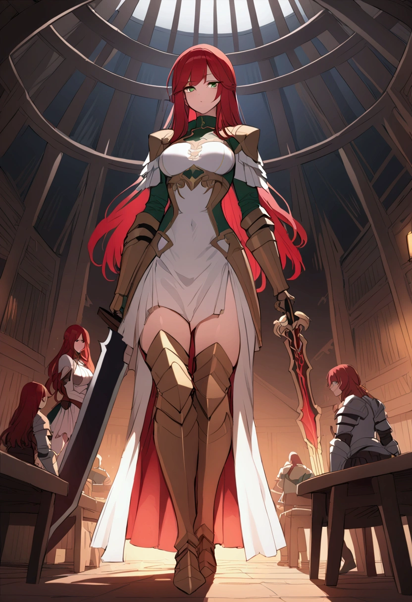 4k,High resolution,One Woman,Red Hair,long hair,Green Eyes,Big Breasts,Brave,White high leg leotard armor,White boots,White hat,Jewelry decoration,Long sword,Medieval village