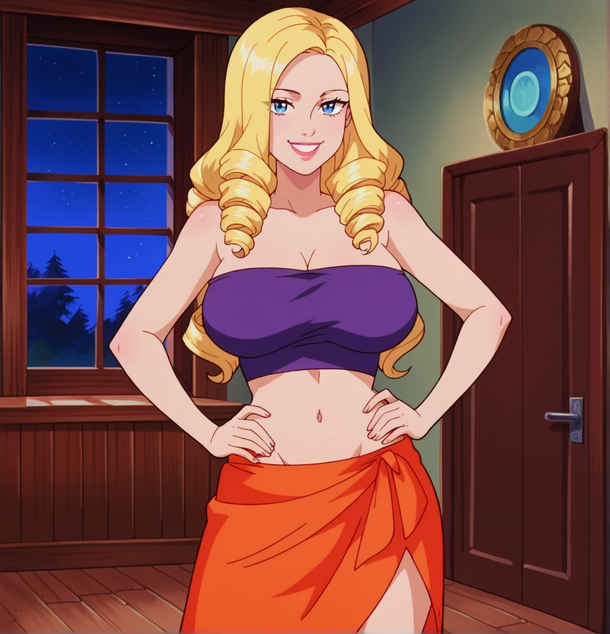 score_9, score_8_up, score_7_up, zPDXL, SD90style, source_cartoon, 2D, Oriana, 1girl, blonde hair, drill hair, long hair, hair over one eyes, blue eyes, large breasts, dark purple tube top, midriff, sarong, dark orange skirt, navel, hands on own hips, looking at viewer, indoors, night time, luxury room, smile