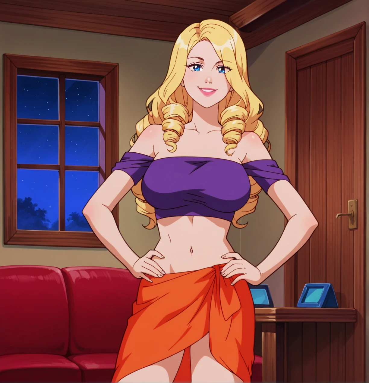 score_9, score_8_up, score_7_up, zPDXL, SD90style, source_cartoon, 2D, Oriana, 1girl, blonde hair, drill hair, long hair, hair over one eyes, blue eyes, large breasts, dark purple tube top, midriff, sarong, dark orange skirt, navel, hands on own hips, looking at viewer, indoors, night time, luxury room, smile