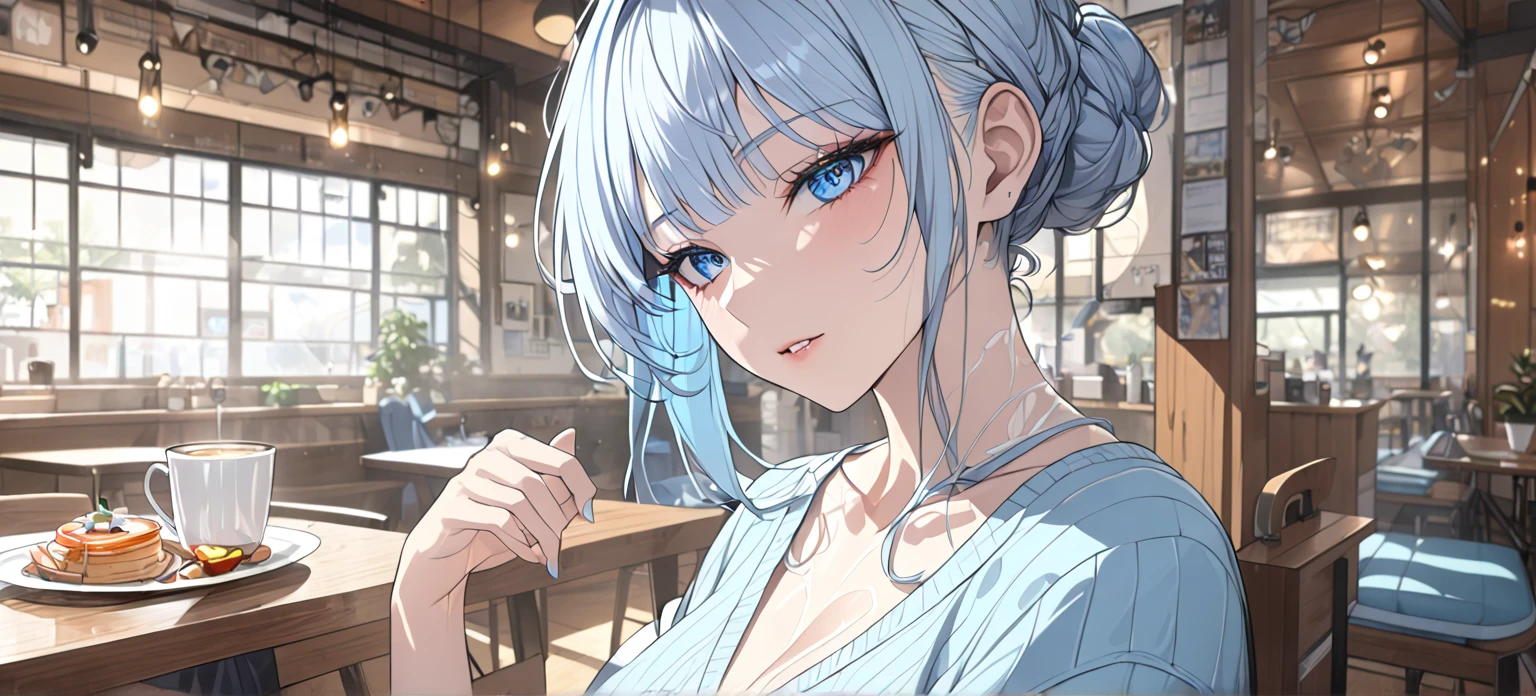 1 girl, A light blue haired girl, (detailed anatomical features, anime style:1.2), (best quality,4k,8k,highres,masterpiece:1.2),ultra-detailed, stunning lighting, soft colors, glowing skin, anime, anime style, on date, cafe date, blue eyes, cafe, UHD, retina, masterpiece, accurate, anatomically correct, textured skin, super detail, high details, high quality, award winning, best quality, highres, 16k, expressions, sweater, perspective,  unaestheticXL_cbp62 , HDA_CableKnitXL, NegPDXL-DHP, Stable_Yogis_Animetoon_Negatives, Stable_Yogis_Animetoon_Negatives-neg, golden ratio