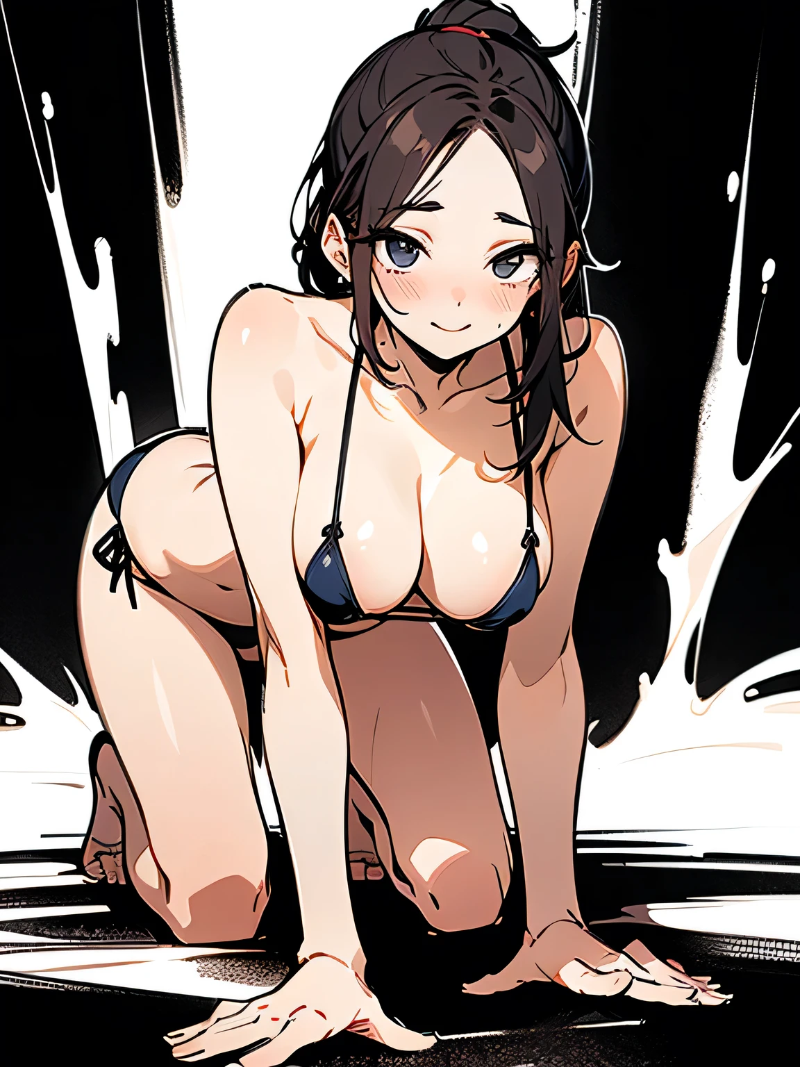 ((highest quality)), ((High resolution)), ((masterpiece)), ((detailed)), One cute girl, 18-year-old, Beautiful Face, Beautiful details, Beautiful Hair, Black Hair, Beautiful clavicle, Beautiful body, Beautiful armpits, 美しいThighs, (Thighs:0.8), Beautiful legs, (((Nude with see-through body painting))), See-through swimsuit, (Shiny body:1.2), Sweat, (Open your mouth,Long Tongue, Drooling), Squatting and tiptoe, (Spread your legs:1.2), Put your hands behind your head, evening, Pool, Poolサイド, Beautiful views,