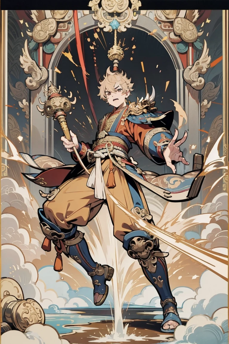 , 1 man ,Sun Wukong, Holds a Golden Mace,cloud,Avalanche , fierce ,brutal,Bare your fangs, chaotic,handsome, Brown Hair ,Golden Warrior Costume,Black long boots,Fireworks Paradise Background,agitated