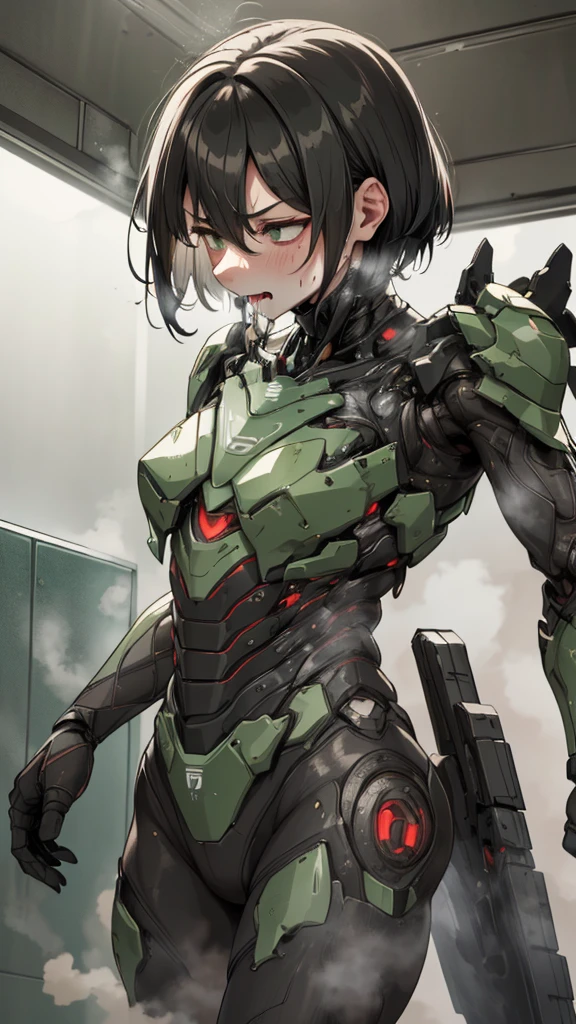 ,  非常に   Detailsな,    Details,    high image quality, 最   high image quality,       high res   , 1080P 、   smoke coming out of the wound    　   green armor   、    Steam comes out   、 cute((全身のSerious damage))(    injured woman in a robotic suit ...)()(Broken Armor)((    cracks are spreading    ))(Black    smoke coming out of the wound    )    black hair、   monitor with short boyish hair  、Torn Armor、    wet hair 、   close your eyes 　   open your mouth 、(   steam is coming out of the body   )Sweaty face、It hurts again、Serious damage、saliva splashes out of her mouth 、saliva dripping from the mouth、  Coming out of a wound    　Walking a short distance 　 首の周りの肌が見えない  injured woman in a robotic suit   　(    steam is coming out of my face  ) (( black   smoke coming out of the wound    ))    looks up　saliva　(    rear view   )     being slammed against a wall   　Bust exposure   　Armor is peeling    