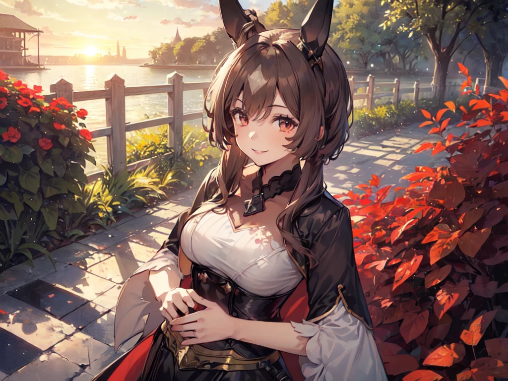 (Solo:2), (1 Female:2), (Durandal), (Short Fingers, Short Arms, Short Legs), (Horse Ears), (Flat Chest), (Smiling, Looking at Camera), (Red Castle Garden), (Sunset), (Focus on Chest), (Carefully Drawn, Amazing Artwork, Top Quality, High Resolution, 8K, Detailed, Delicate),