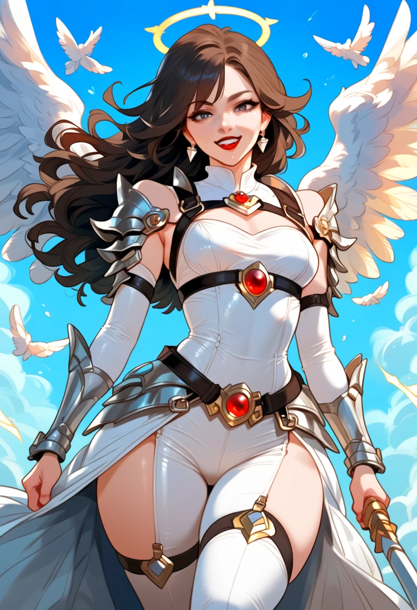  a beautiful and sensual woman ,Red lips,happy face,large curves,small breasts,Dark brown hair,((grey eyes)), light and simple armor adapted for hand-to-hand combat,perfect anatomy,perfect body,angel wings,