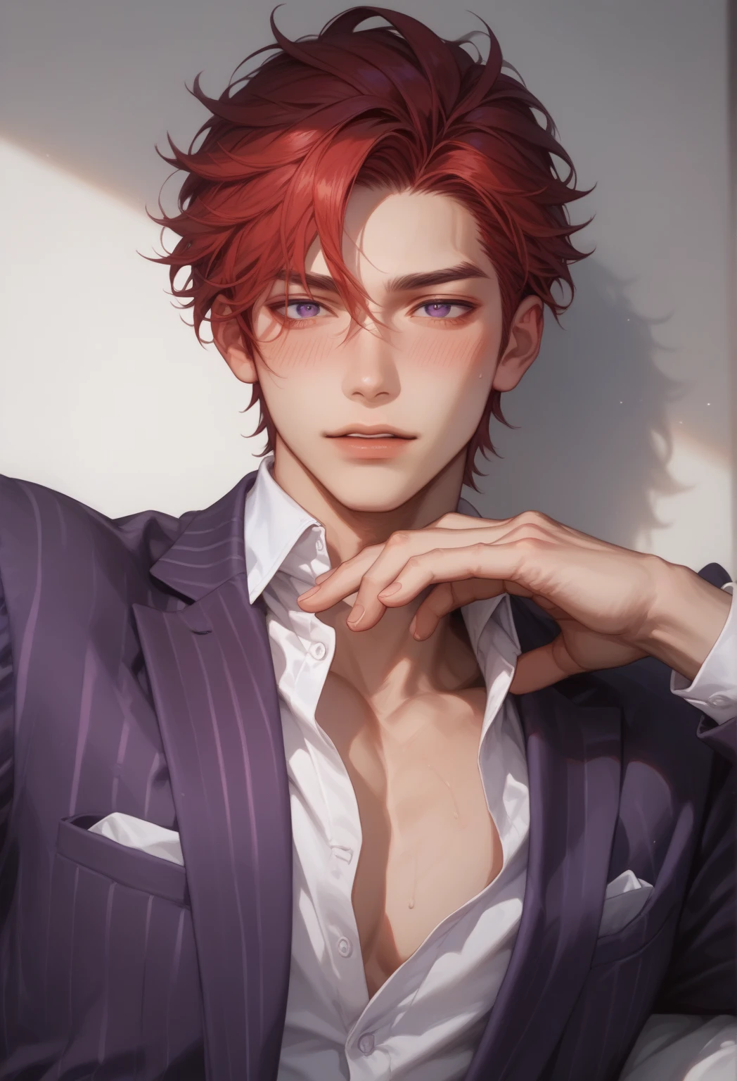 score_9, score_8_up), score_7_up, adult male, short red hair, solo, 1boy, dark purple eyes, male focus, chest, out of frame, reality, (purple striped suit, white shirt, shirt is gaping), (sensual, lustful, blush), sensual pose, sexy