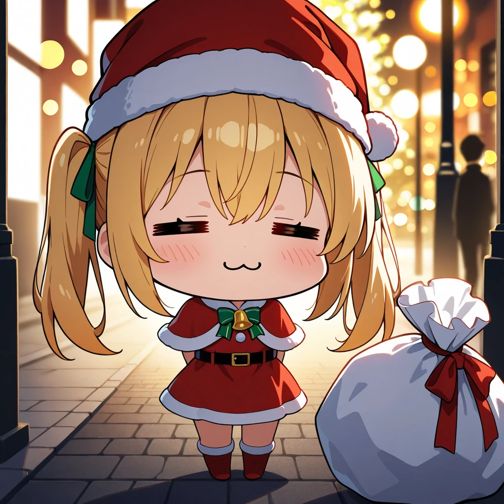1girl, blonde hair, twintails, ribbon, :3, = =, chibi, gift bag, gift box, santa hat, santa_dress, fur-trimmed_capelet, street, cinematic lighting, bokeh, masterpiece, best quality, perfect , very aesthetic, amazing quality, high resolution, ultra-detailed, absurdres, newest, depth of field, volumetric lighting
