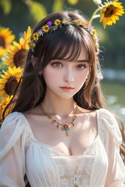 ( Absurdly ,  High Quality  ,  ULTRA DETAIL ) ,( Handmade ) ,  One girl , Alone,  mature,  long hair, Sunflower Hair ,  beautiful crystal eyes  ( Eye details ) Baroque,  necklace,  long dress ,  Long Sleeve ,  elegant ,  colorful ,  best details,  upper body , Along with the river and sunflower flowers