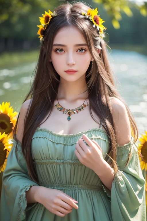 ( Absurdly ,  High Quality  ,  ULTRA DETAIL ) ,( Handmade ) ,  One girl , Alone,  mature,  long hair, Sunflower Hair ,  beautiful crystal eyes  ( Eye details ) Baroque,  necklace,  long dress ,  Long Sleeve ,  elegant ,  colorful ,  best details,  upper body , Along with the river and sunflower flowers