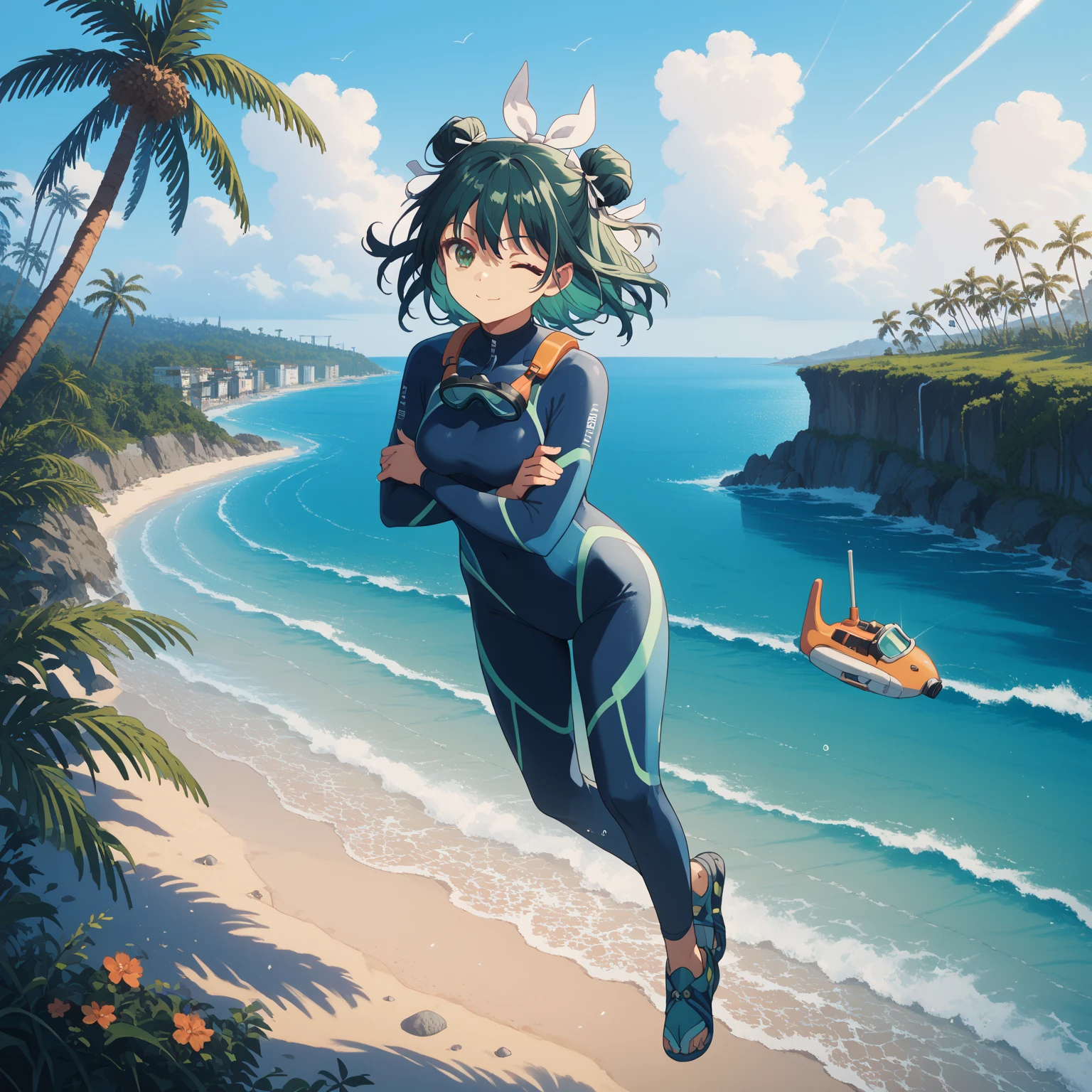 1 girl, female anime, black with blue line wetsuit, diving mask with snorkel, seaside,masterpiece,best quality,amazing quality,very aesthetic,high resolution,ultra-detailed,newest,scenery, palm_trees, solo, buns hair, breasts, looking at viewer, smile, bangs, green_hair, hair ribbon, hair between eyes, closed_mouth, white ribbon, green_eyes, full body, multicolor_hair, two-tone_hair, volumetric_lighting, crossed arms, one eye closed, bun hairsryle