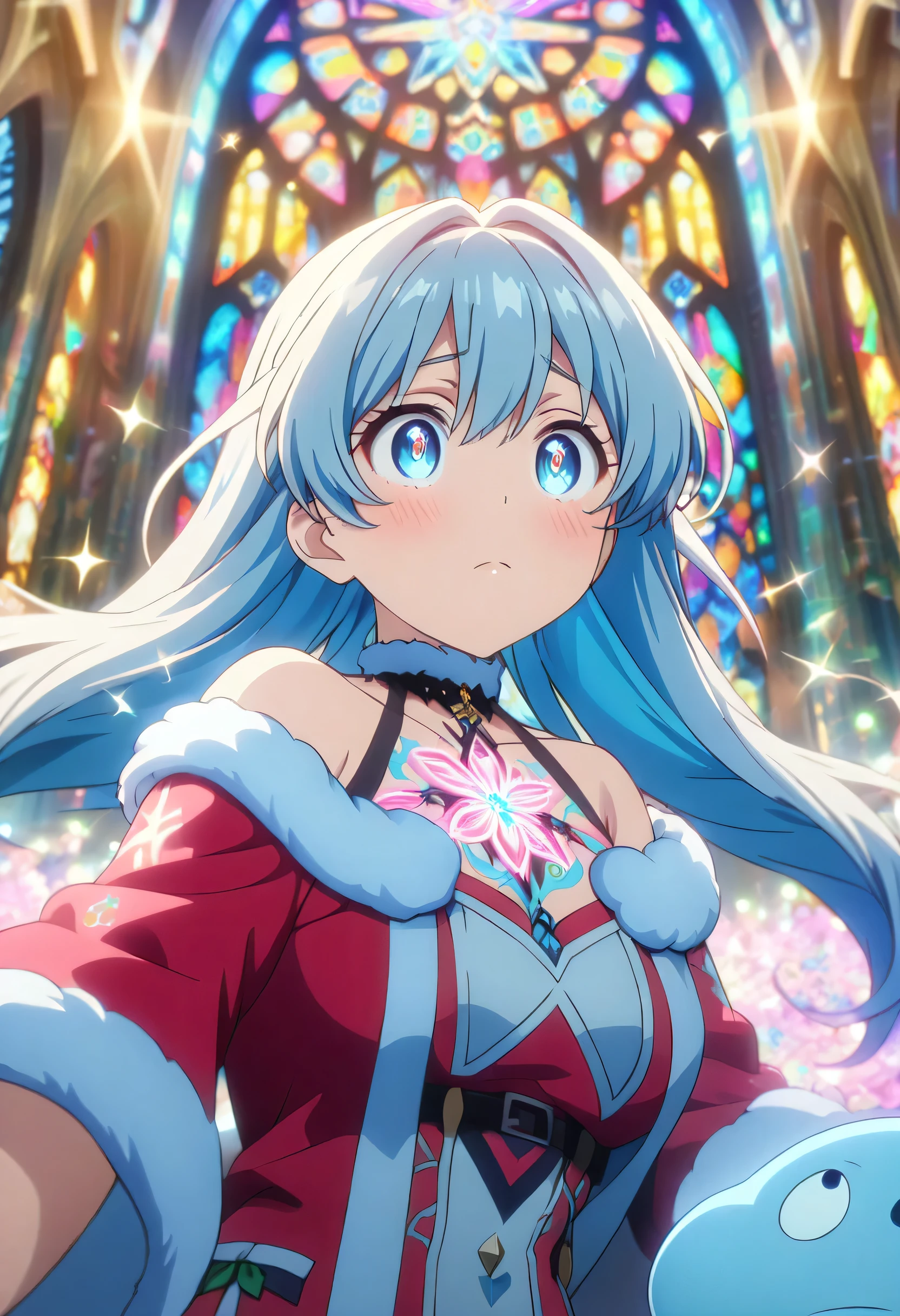 Masterpiece, highest quality, highly detailed CG Unity 8k wallpaper, anime screenshots, female anime character with neon chains. Art of a female anime character with a glowing neon flower tattoo and off-shoulder white fake fur trim red santa claus costume. rounded chin, twintail hair, ((blue droopy eyes:1.4)), (sparkle eyes, expecting:1.2), pink cheek, blush, pink lips, beautiful huge breasts, This scene with flowing hair has a nice soft focus effect, highlighting the magical glow of the tattoo. Please take a prayer pose. In the background is a stained glass church. bokeh photography, (soft focus):1.2, out-of-focus highlights, dreamy ambiance, glowing circles, mesmerizing depth, depth of field