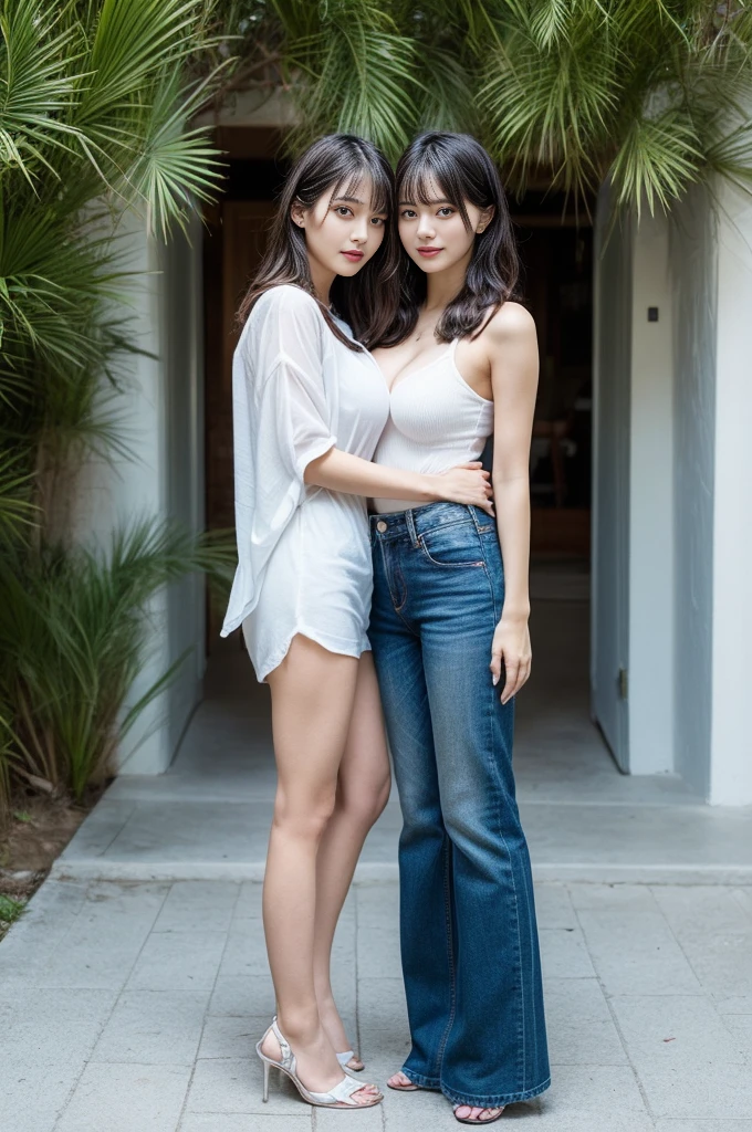 1 male, 1 female, (male model hugging female model, passionate kissing, intimate relationship: 1.2), Araf woman in pink top and jeans and handsome male model, Korean female fashion model, photo of slim girl model, wearing tight simple clothes, thin waist and thick buttocks: 1.1, gorgeous young Korean woman wearing sexy cropped top with crop top Korean girl, casual dress style, 2 4 year old female model, beautiful Korean woman, HD, 16k, realistic, melon face: 1.0, realistic perfect face and skin, detailed beautiful glasses, double eyelids, long eyelashes, swollen eyes, realistic face and eyes, facial light, super detailed facial details, lip gloss, blush: 1.0, brand open crop top (pink, open V-neck, super realistic detailed clothes: 0.8, huge boobs: 1.5, perfect breasts and nipple bulge: 1.5), high-end brand skinny jeans ((super realistic detailed jeans: 0.6)), perfect big boobs, Perfect breasts, perfect waist, perfect buttocks, (enchanting, beautiful, sexy: 1.0), (round calves: 1.2), (white and tender toes: 1.2, wearing high-end designer crystal sandals (stiletto heels: 0.5)), realistic and stylish shawl hair, shoulder length: 1.0, smiling teeth: 1.0, handsome male model: 1.0, private shooting, private shooting, background ((super luxurious yacht, green venue, buffet table, swimming pool, poolside parasols and beach chairs)) , dating a male model, dancing: 1.2, dancing gracefully: 1.5, autofocus: 1.2, variety of poses, shooting full body: 1.5