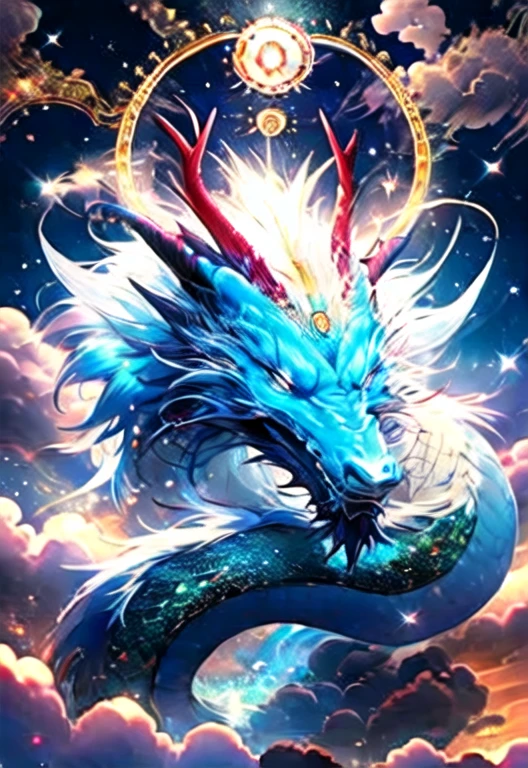 Guchen ,cloud,non-humans,  starry sky  , Oriental Dragon,Evening,Shine,halo,colorful, bright eyes, anime