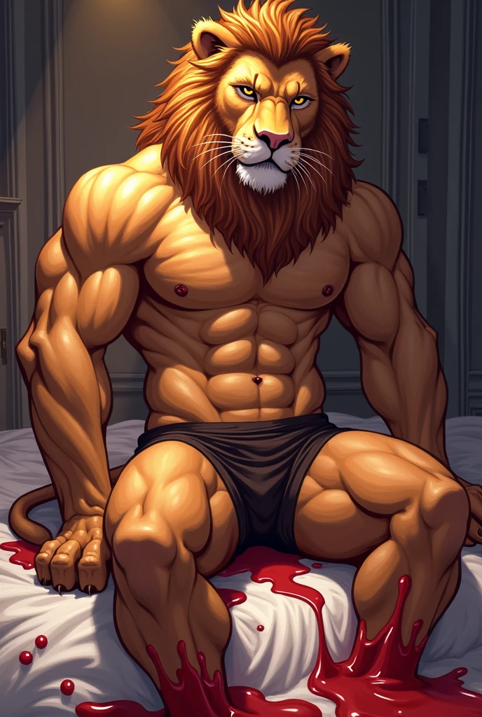 ( masterpiece, Highest quality, High resolution, Deeply drawn boundaries, 8K, Super detailed), (Detailed face:1.2, Detailed eyes), lion, male , Muscular, Full body view, (Completely naked), Abdominal muscles, (Big penis), Large testicles, Black Mane, He is kneeling on the floor, temple, Dim background, slave, Stone floor, altar, Gold Cup, Piss in a cup, (He is urinating), Side view, Lighted candles, Golden Eyes, Black pubic hair, He is holding his penis in his hand, lion eyes, Sword on the floor, Chastity cage, blush, Cock Ring, 