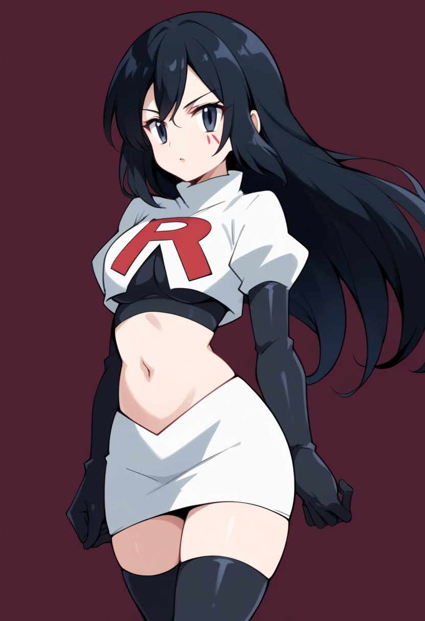 SabrinaPKMN, black hair ,glossy lips, earings ,team rocket uniform, red letter R, white skirt,white crop top,black thigh-high boots, black elbow gloves, closed mouth, evil smile,
