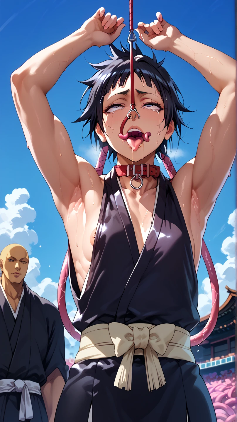 a picture, inspired by Kentaro Miura, trending on pixiv, soifon from bleach, black uniform, favorite scene, fine details, skins, sweating, small breasts, both hands raised, armpits, (small head),armpits visible, dripping with sweat, more more sweat, ((Japanese clothes)),open mouth,rolling eyes,muscle,kneel down,open legs,For the audience, (muscle:1.2),Looking at the audience, tired, (small breasts),sexy body,perfect body,(drooling), tears, head wet, runny nose, black hair, dog collar,transparent nose hook.