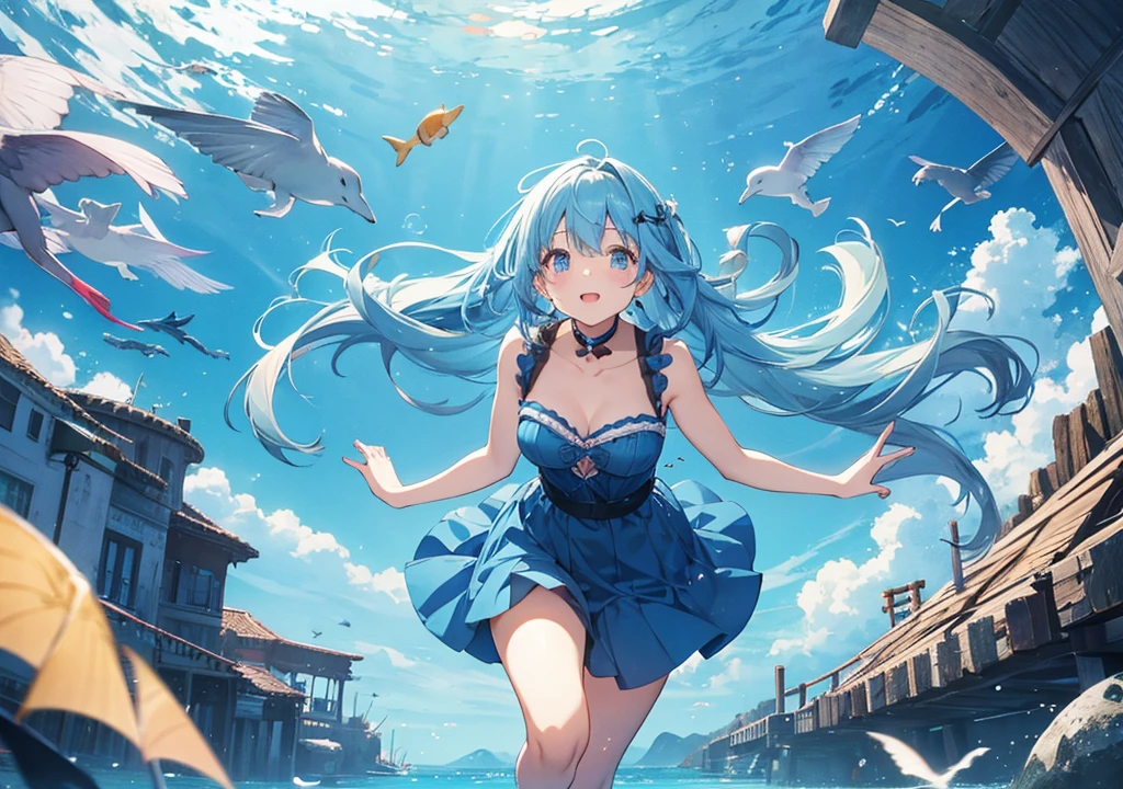 ((Highest quality)), ((masterpiece)), (detailed), the female anime character dressed in sexy clothing sits in the water and fishes, 1girl, swimsuit, breasts, 比基尼, 独奏, hat, straw hat, cleavage, navel, water, large breasts, looking at viewer, bangs, frills, frilled 比基尼, Virtual Youtuber, sitting, pink 比基尼, long hair, blue hair, small breasts, (wet), sweat, see through,