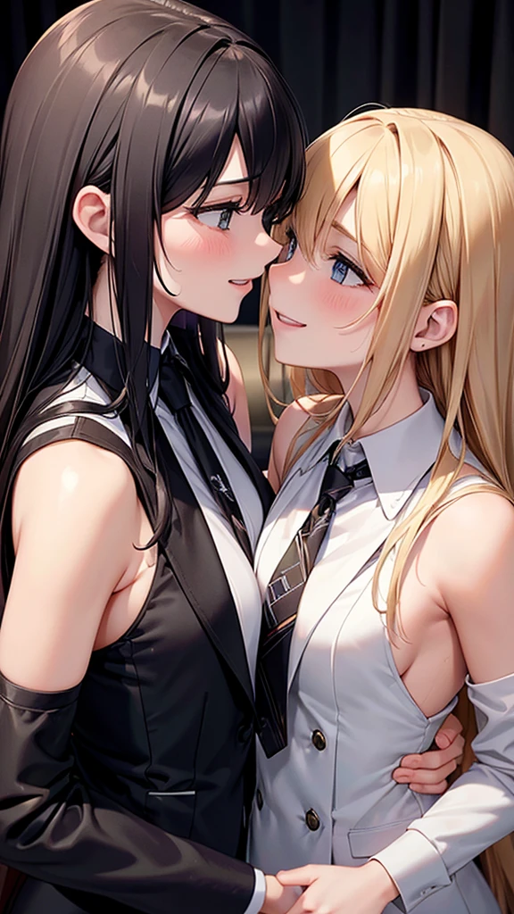 (masterpeace, best quality), 2girls, petite, loli, flat chest, school uniform, open shirt, white bra, (hugging from behind), harassment, emotional, love, blush, standing by blackboard, volumetric lighting, sunlight, bright