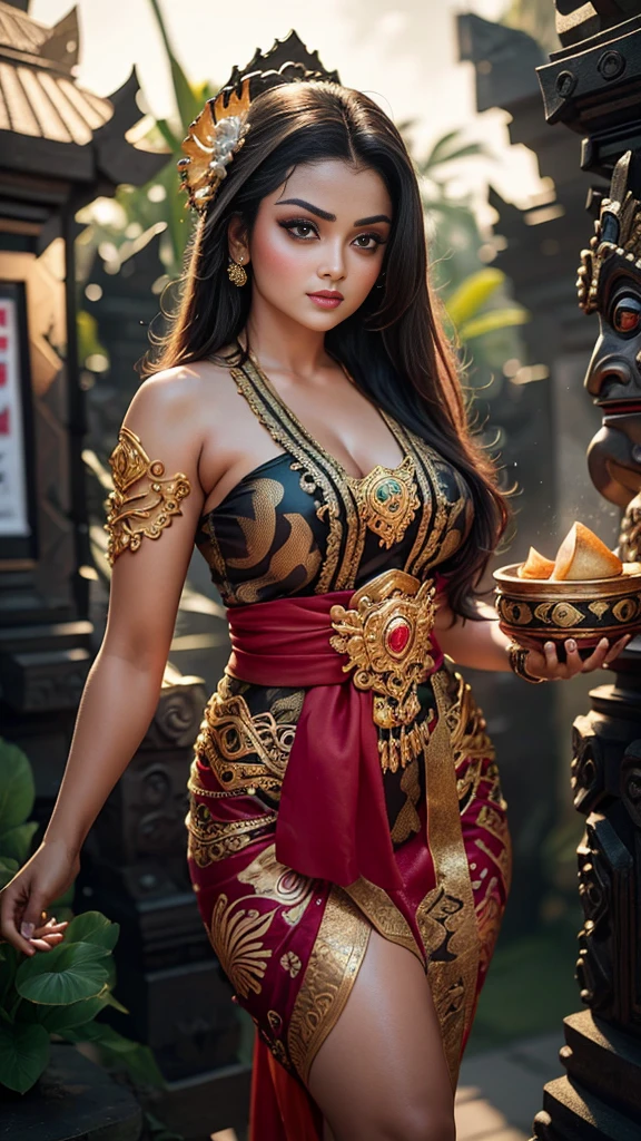 (( top quality)), ((masterpiece)), (detail), heavenly beauty Aishwarya,perfect facial detail , perfect finger details, black hair,fit curvy body , Beautiful legs,wearing Balinese traditional clothes, dancing traditional Balinese dance, revealing clothes,Balinese epic vibes, Balinese traditional dance performance, night,depth of field , foto 8K, hdr, professional lighting , taken with canon eos r5 , 75mm lens