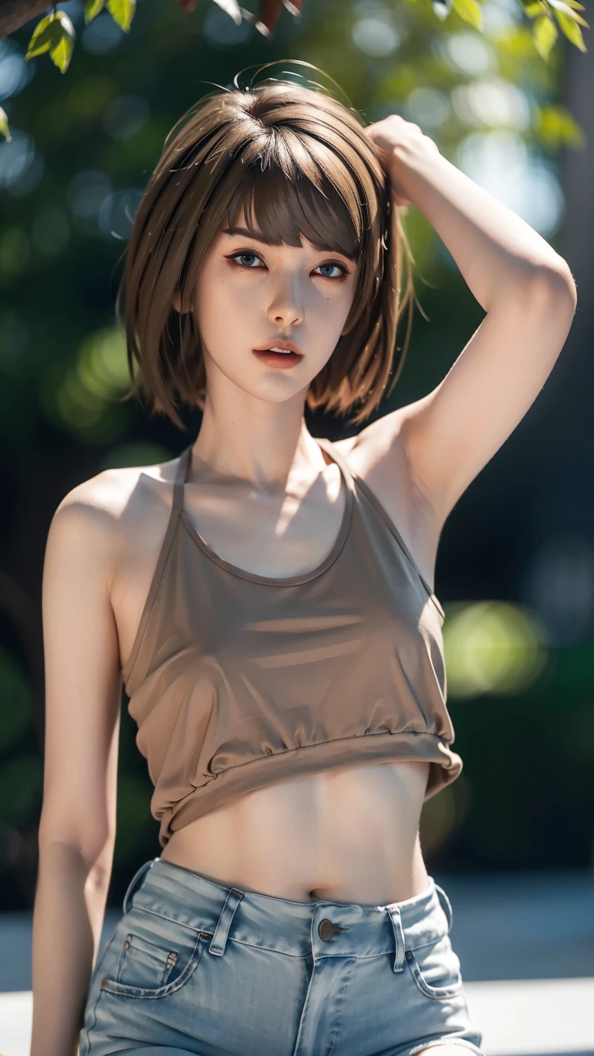 Maxine Caulfield from Life Is Strange, arms up, bare, adult content, dark lipstick, dark eyeline makeup, slender arms, detailed body, from below, minimum, harmony, tranquility, aesthetic, natural lighting, blue sky, 1 Girl , 19-years-old, slender, floating Medium Hair, bangs, (Gothic_Punk:1.2), masterpiece, best quality, RAW Photos, sigma 50mm f1.4, candytt, NSFW, hot, attractive, beautiful, aesthetic, consistent, provocative pose, humanoid, nature background, emo foreground, pale skin tone, detailed features, creative, artistic, trending, trending on tumblr, tumblr, trending on instagram, instagram, trendy, famous, celebrity, supermodel, healthy, looking at viewer, alluring, sensual, sexy, RAW, retina, masterpiece, canon, lens flare, clear, HD, HDR, UDH, QHD, 4K, 8K, feminine, photographic, high quality, ultra quality, super quality, best quality, pristine, stunning, award winner, perfect, balance, outstanding quality, gorgeous, textured, normal, flawless, highres, high res, highest resolution, high resolution, exquisite, flattering, remastered, remake, extraordinary, brown hair color, blue,