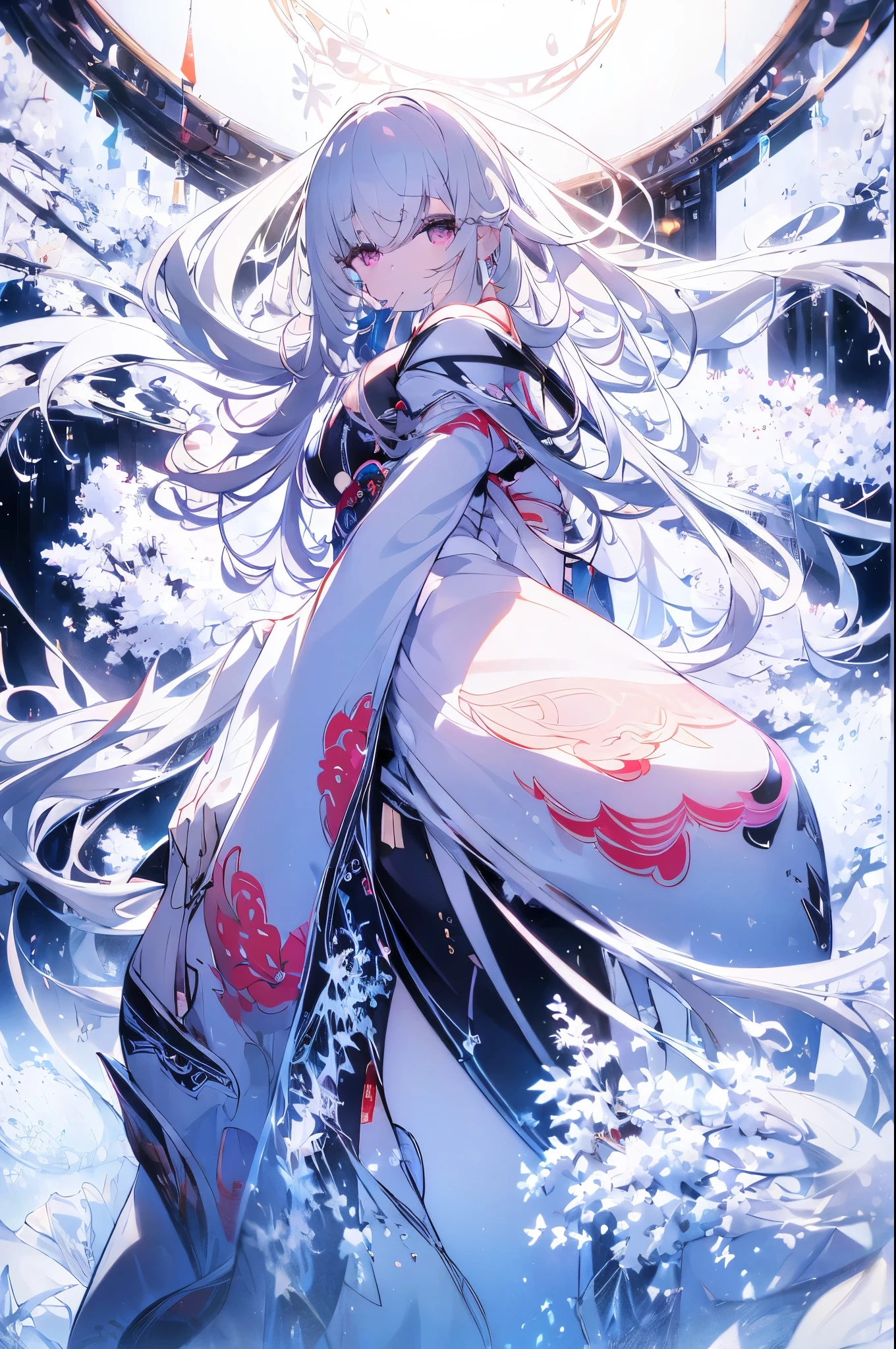 (((White background、White World)))、s、Unity 8K Wallpapers、Super detailed、beautiful, beautiful、masterpiece、Please redeem、(Tangleた、Mandala、Tangle、Tangle)、(Fractal Art:1.3)、One Girl、beautiful black hair、Japanese、Big Pink、Red Kimono、Japanese clothing、Very detailed、Dynamic Angle、Cowboy Shot、The most beautiful things come from chaos、elegant、Crazy Design、Bright colors、Romance、atmosphere、Ecstasy Note、Streaming music notes are displayed、(((White background、Pure White background、)))