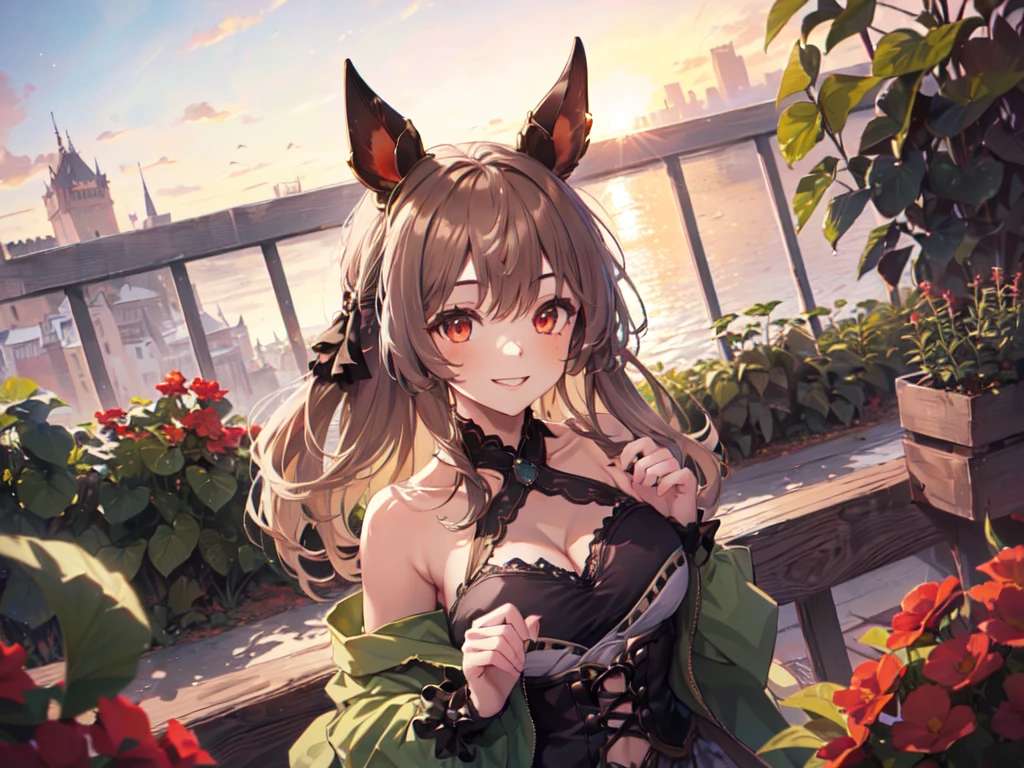 (Alone:2), (1 Female:2) (ren:2), (Green costume), (Short Fingers, Short Arms, Short Legs), (Horse Ears), (Flat Chest), (Smiling, Looking at Camera), (Red Castle Garden), (Sunset), (Focus on Chest), (Carefully Drawn, Amazing Artwork, Top Quality, High Resolution, 8k, Detailed, Delicate),