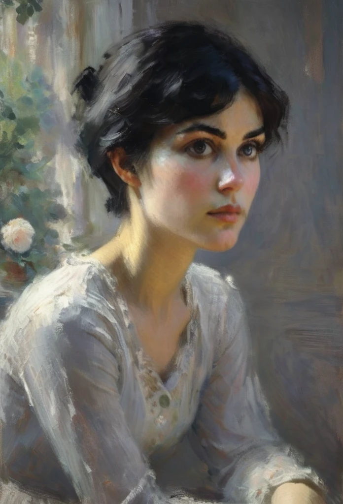 Portrait of a young woman, beautiful,(((  sad ))),(wistful), by Monet, dynamic  lighting, Artstation, poster, volumetric illumination, very detailed, 4 thousand, awarded,, 1girl, In the dark, Deep shadow, discreet,(((  short hair))), ((( black hair)))