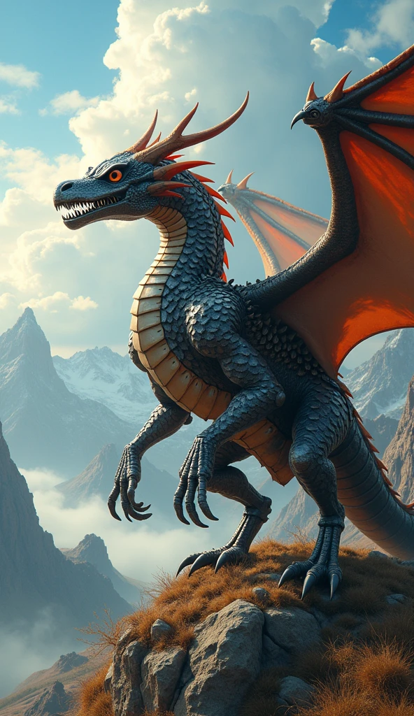 there is a statue of A dragon on a rock in the mountains, colossal dragon as a background, A dragon, dragon art, european dragon, wyvern, dragon breathing fire, ''dragon breathing fire, Detailed dragon, fire breathing dragon, dragon in the background, epic dragon, hyper detailed and realistic, dragon flying in the background, blue scaled dragon, dragon in the dragon's lair