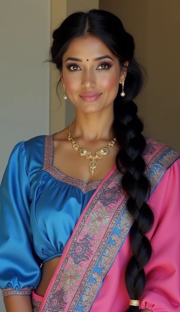 Small Breasts,
A woman is wearing a blue and pink sari high neck three quarter sleeves exaggerated puffy shoulder. There is a gold necklace around her neck. The woman has long black hair that is in a braid. 