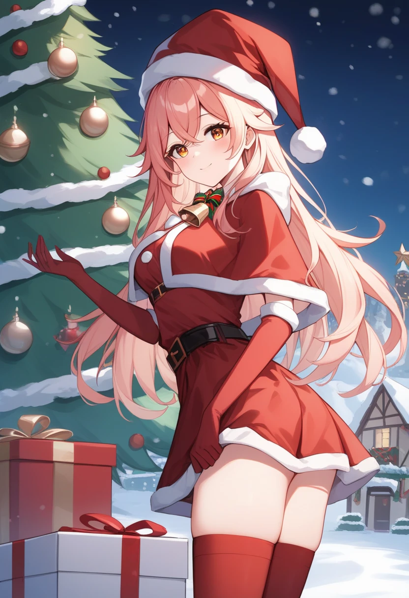 "anime girl, 1 person, pink hair, pink cat ears, pink eyes, santa hat, santa shirt, red dress, stockings, big breasts, solo, standing cross-legged, falling snow, Christmas gift box, (full HD 4K+ image)" front view