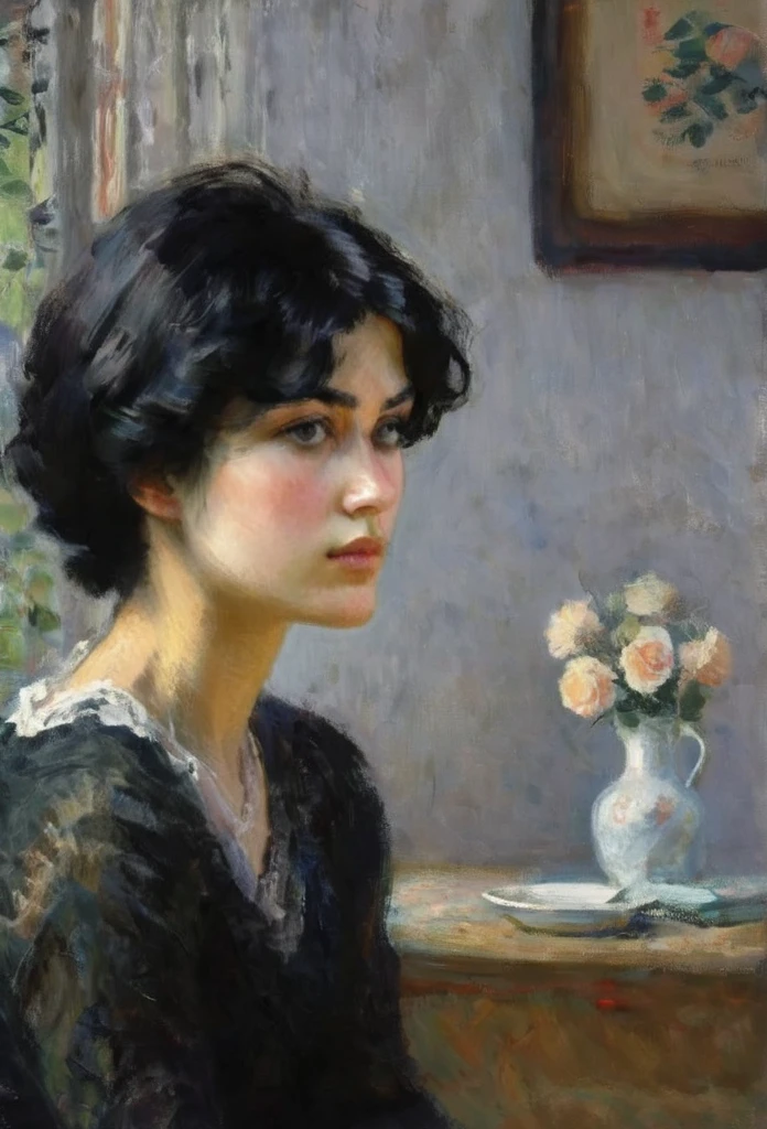 Portrait of a young woman, beautiful,(((  sad ))),(wistful), by Monet, dynamic  lighting, Artstation, poster, volumetric illumination, very detailed, 4 thousand, awarded,, 1girl, In the dark, Deep shadow, discreet,(((  short hair))), ((( black hair)))