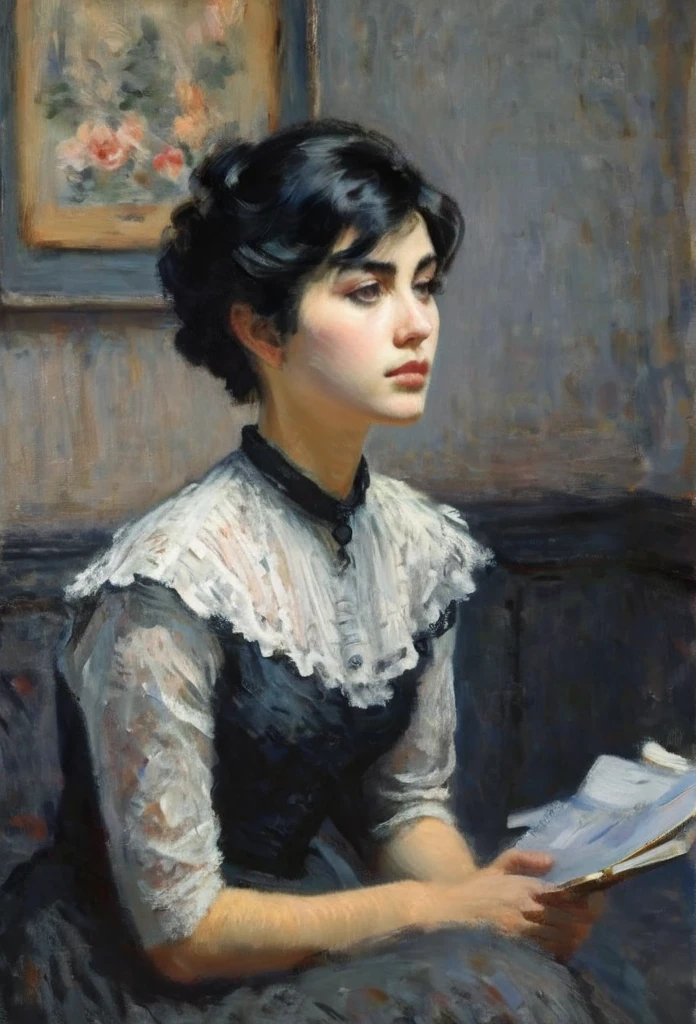 Portrait of a young woman, beautiful,(((  sad ))),(wistful), by Monet, dynamic  lighting, Artstation, poster, volumetric illumination, very detailed, 4 thousand, awarded,, 1girl, In the dark, Deep shadow, discreet,(((  short hair))), ((( black hair)))