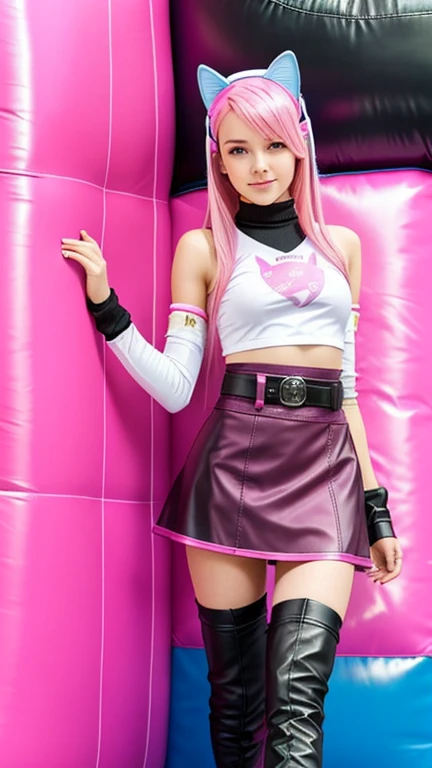  teenager with pink hair ,  slim model , pink leather korsett , tüll skirt pink ,  leather arm warmers blue,  knee-high leather boots, Cat ears, bouncy castle

