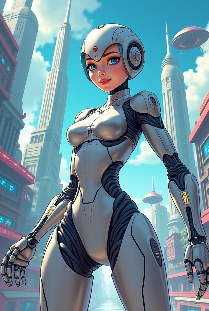 High quality portrait of Jenny Wakeman fighting aliens in a futuristic city. Day time. Robot body, robot joints. Blue bolt on belly button, blue mini skirt , hyper