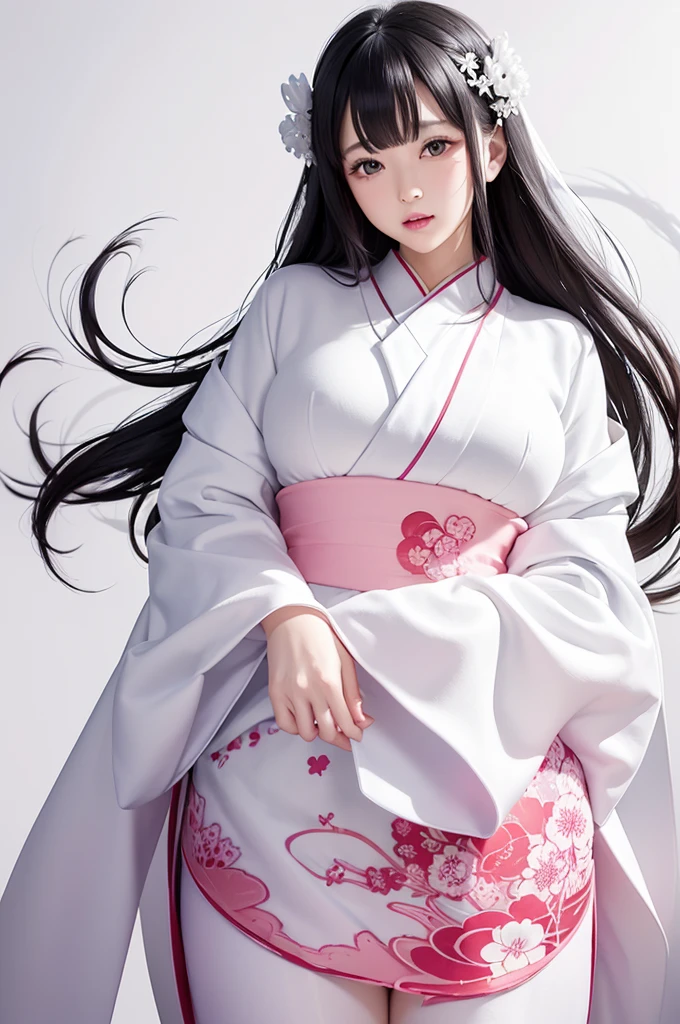 (((White background、White World)))、s、Unity 8K Wallpapers、Super detailed、beautiful, beautiful、masterpiece、Please redeem、(Tangleた、Mandala、Tangle、Tangle)、(Fractal Art:1.3)、One Girl、beautiful black hair、Japanese、Big Pink、Red Kimono、Japanese clothing、Very detailed、Dynamic Angle、Cowboy Shot、The most beautiful things come from chaos、elegant、Crazy Design、Bright colors、Romance、atmosphere、Ecstasy Note、Streaming music notes are displayed、(((White background、Pure White background、)))