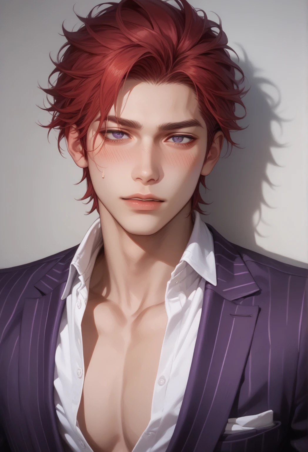 score_9, score_8_up), score_7_up, adult male, short red hair, solo, 1boy, dark purple eyes, male focus, chest, out of frame, reality, (purple striped suit, white shirt, shirt is gaping), (sensual, lustful, blush), sexy